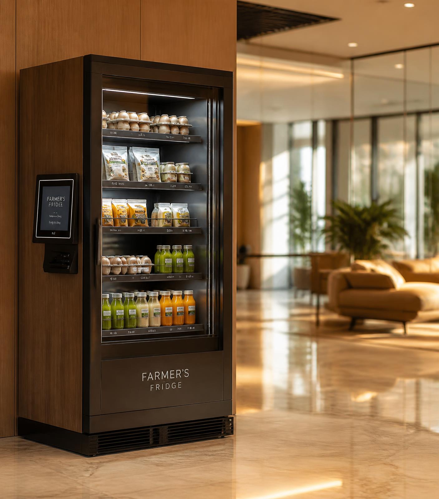 Refrigerated healthy vending market installed in a luxury office lobby