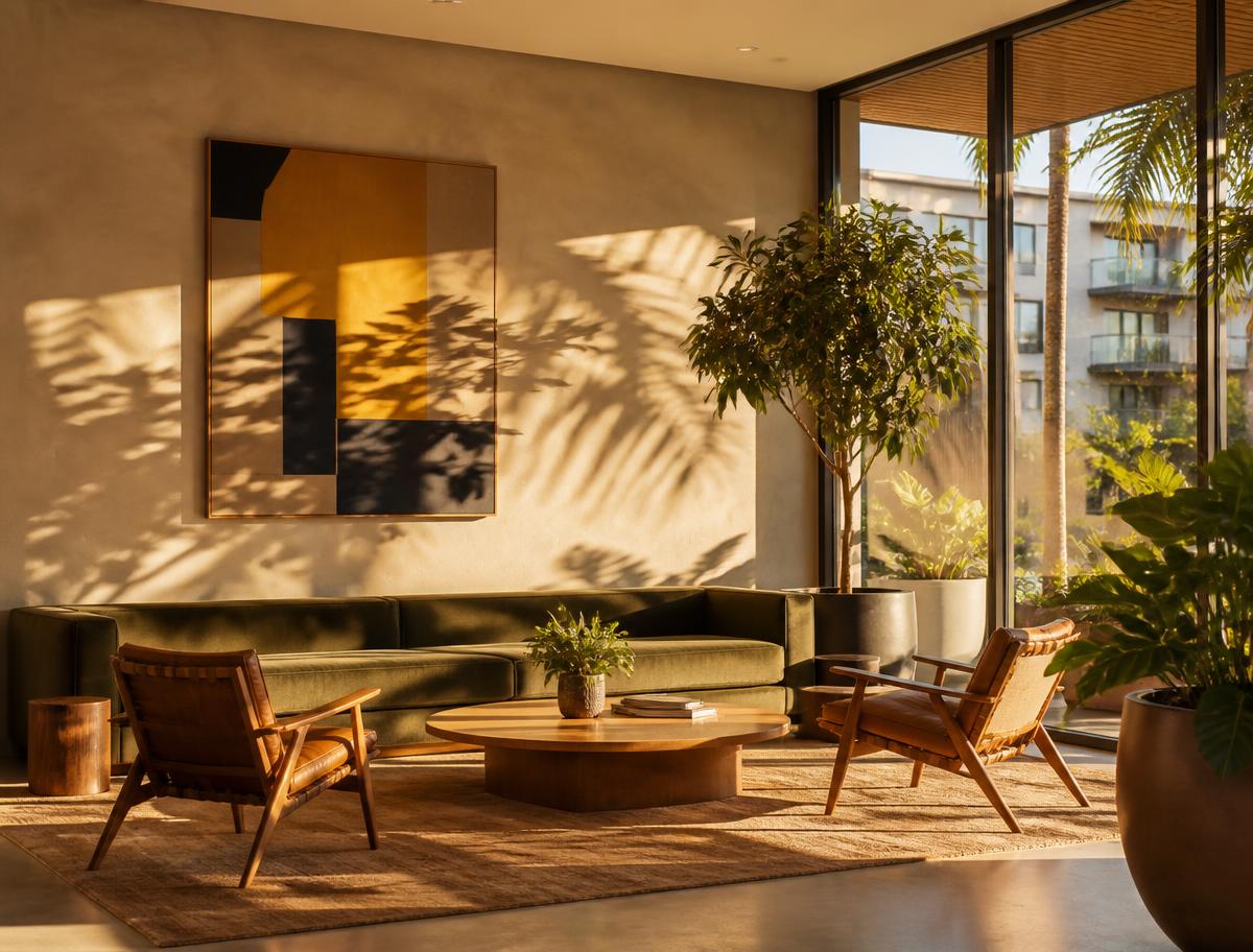 Sunlit resident lounge in an upscale Los Angeles apartment building