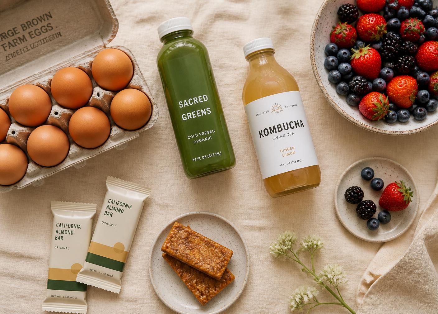 Local farm eggs, cold-pressed juice, kombucha and almond bars on linen